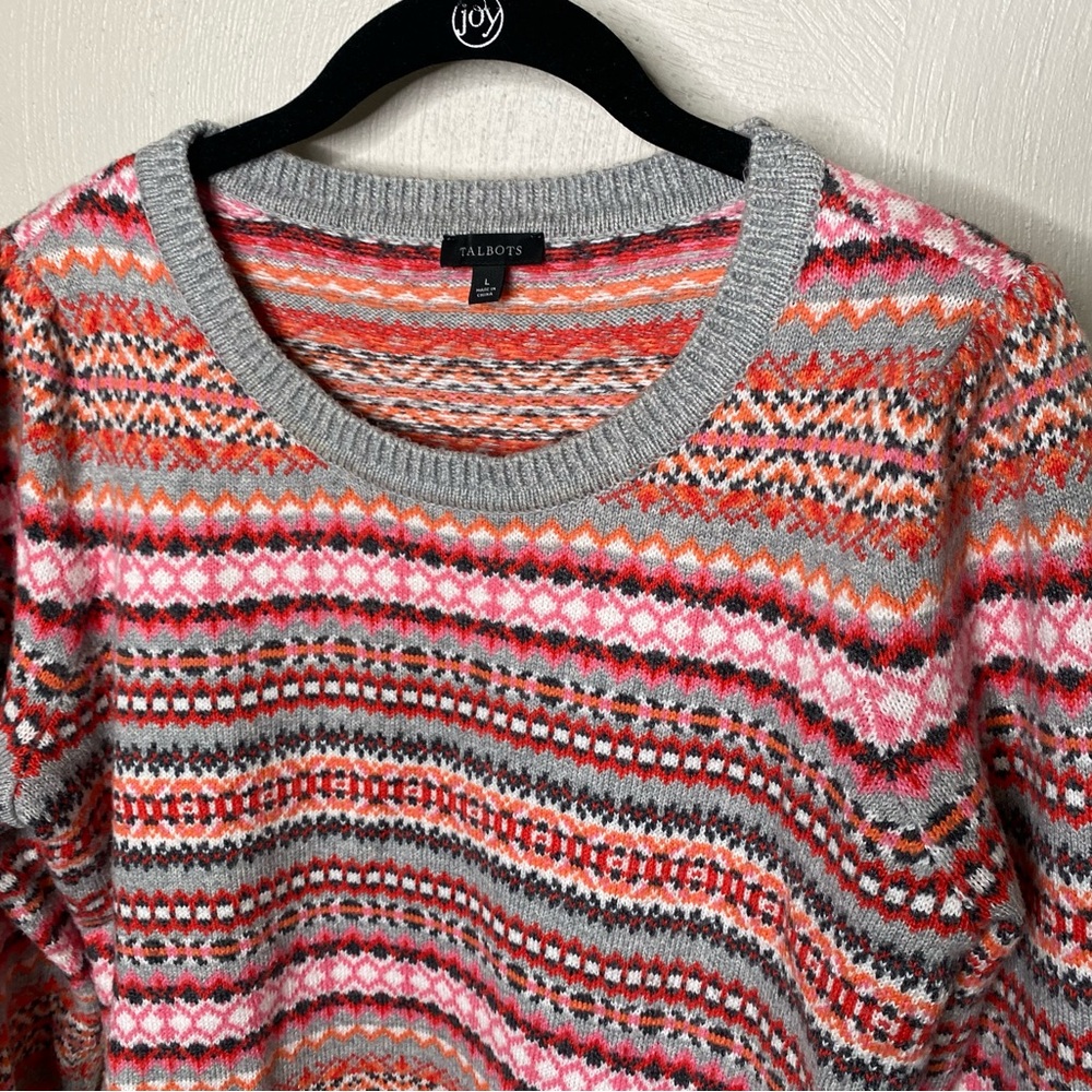 TALBOTS Fair Isle Crewneck Sweater - Pink, gray, red - size Large